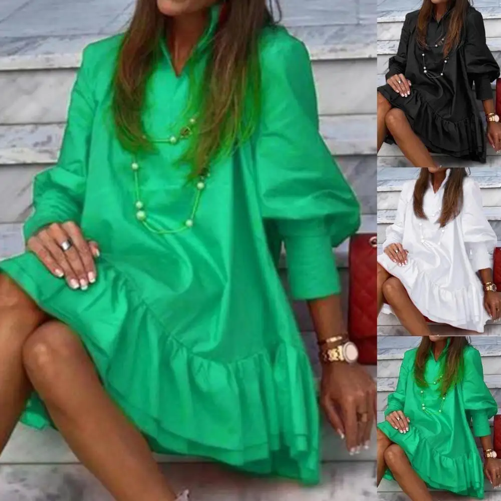 Loose Mini Dress Solid Color Elegant Women Ruffle Long Puff Sleeve Large Hem for woman parti женское платье vestidos 2020
Loose Mini Dress Solid Color Elegant Women Ruffle Long Puff Sleeve Large Hem for woman parti женское платье vestidos 2020