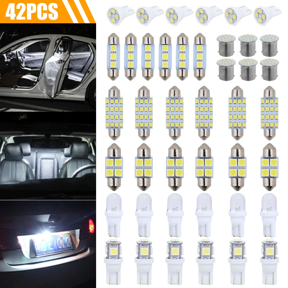 42Pcs Car Interior Light T10 W5W LED Bulb Combination 6000K White Interior Map Dome Door Trunk License Plate Light Accessories
42Pcs Car Interior Light T10 W5W LED Bulb Combination 6000K White Interior Map Dome Door Trunk License Plate Light Accessories