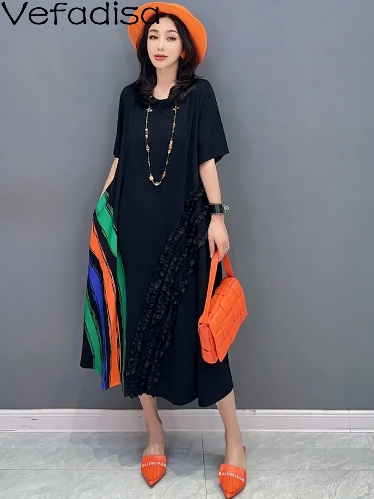 

Vefadisa 2023 летнее Новое модное повседневное черное тонкое платье с рукавом до локтя женское платье средней длины с принтом ZXF022B