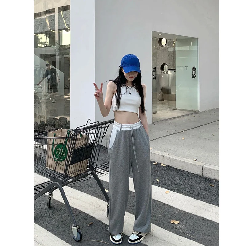 

Summer New Drawcord Panel Thin Contrast Sports Casual Pants High Waist Loose Wide Leg Trousers Trend Fashion Youth Women Clothes