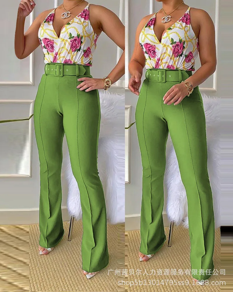 Floral Chain Print Bodysuit & Pants Set With Belt Women 2pcs Clothes Suit Summer Spring Romper Sleeveless High Waist Pants
Floral Chain Print Bodysuit & Pants Set With Belt Women 2pcs Clothes Suit Summer Spring Romper Sleeveless High Waist Pants