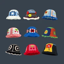 2023 Flower Crochet Bucket Hat Women Spring Summer Handmade Knit Beanies INS Korean Cute Beanies Panama Cap