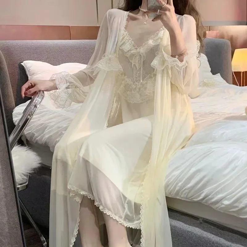 Women'S Pajamas Sexy Lingerie Lace Hot Nightwear 2 Pcs Nightdress Robe Set Sleepwear Women Long Sleeve Female Bathrobe Homewear
Women'S Pajamas Sexy Lingerie Lace Hot Nightwear 2 Pcs Nightdress Robe Set Sleepwear Women Long Sleeve Female Bathrobe Homewear