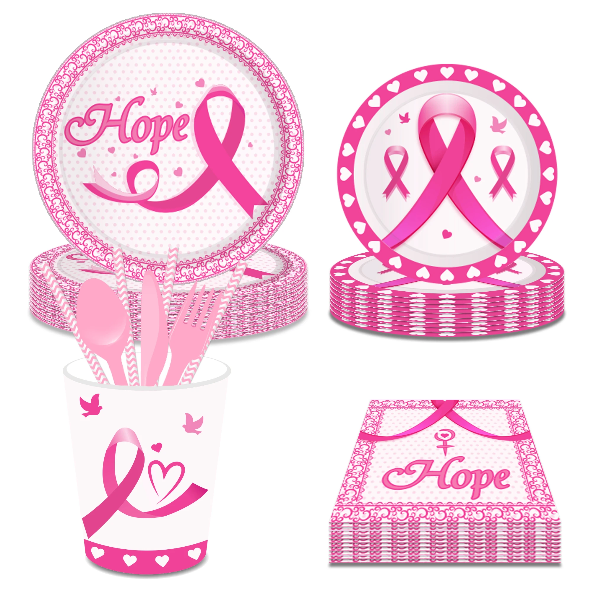 Cartoon Pink Ribbon Breast Cancer Awareness Month Party Paper Disposable Tableware Sets Plates Cups Napkins Party Table Supplies 
Cartoon Pink Ribbon Breast Cancer Awareness Month Party Paper Disposable Tableware Sets Plates Cups Napkins Party Table Supplies