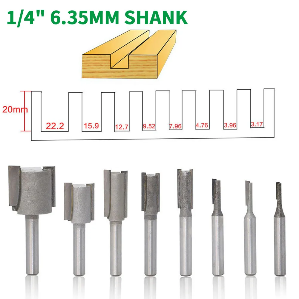 

8PC/Set 1/4" 6.35MM Shank Milling Cutter Wood Carving Straight Dado Router Bit Set Diameter Wood Cutting Woodworking Tools