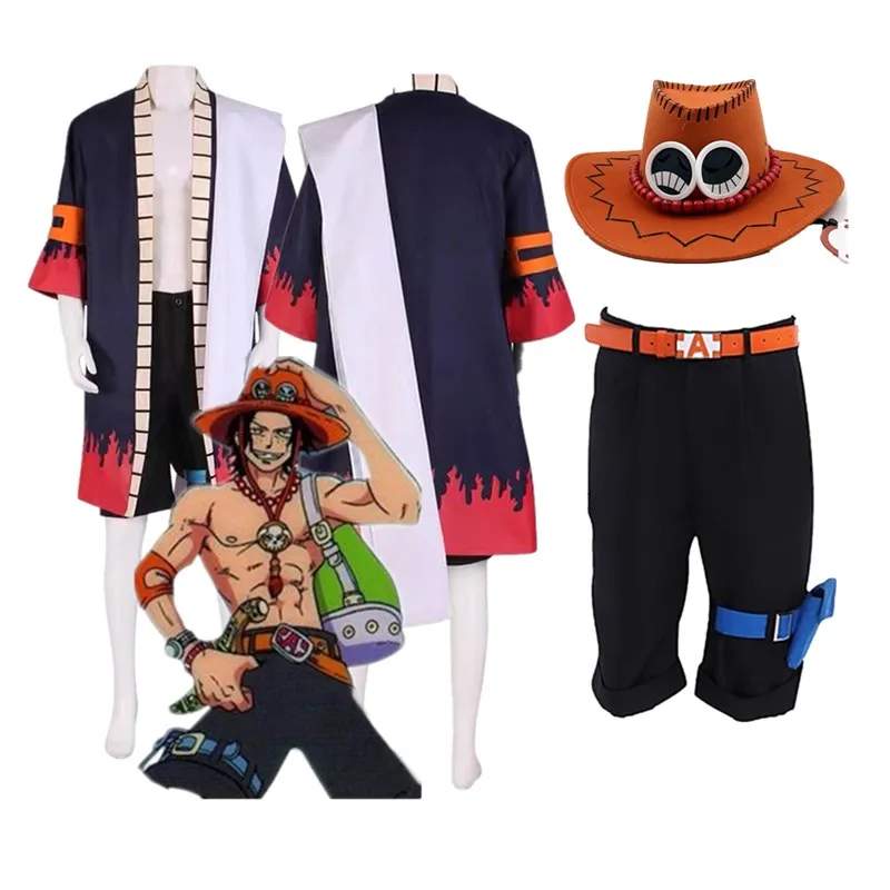 

Anime One Cos Piece Portgas Ace Cosplay Costume Adult Men Fantasy Cloak Pants Belt Hat Outfits Halloween Carnival Party Suit
