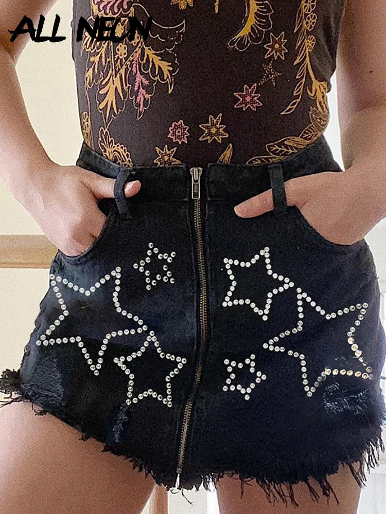 ALLNeon E-girl Cute Pentagram Rhinestones Trim Zip Up Black Denim Skirts Women Y2K Streetwear Frayed Hem High Waist Mini Skirt
ALLNeon E-girl Cute Pentagram Rhinestones Trim Zip Up Black Denim Skirts Women Y2K Streetwear Frayed Hem High Waist Mini Skirt