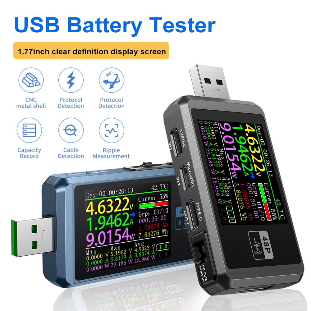 New 2 Types USB Tester Voltmeter Ammeter TYPE-C Fast Charge Detection Trigger Capacity Ripple Measurement With CNC Metal Shell
New 2 Types USB Tester Voltmeter Ammeter TYPE-C Fast Charge Detection Trigger Capacity Ripple Measurement With CNC Metal Shell