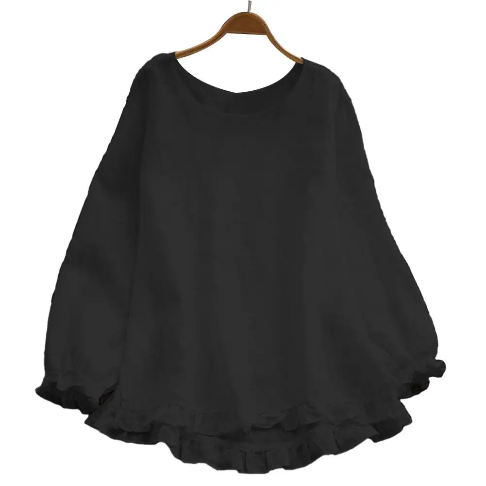 

Женская рубашка, осенняя уличная одежда, Женский однотонный пуловер свободного кроя, блузка с оборками и эластичными манжетами, шикарная длинная рубашка с круглым вырезом