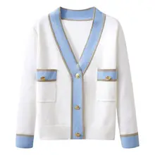 Women Clothing Korean Fashion Contrast Style Sweater Cardigan Autumn Slim Simple Casual Knitwear Jacket Female 2023 New Coats