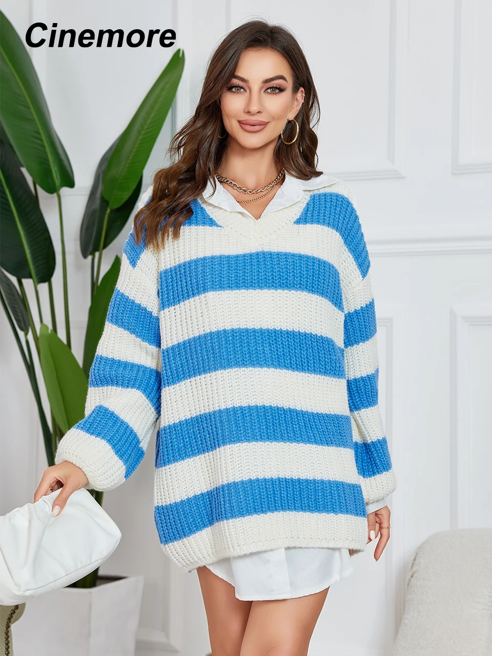 

Cinemore New Women's Pullover Sweater Long Sleeve Casual Warm V Neck Loose Soft Striped Knitted Jumper Cashmere Bottom Shirt Top