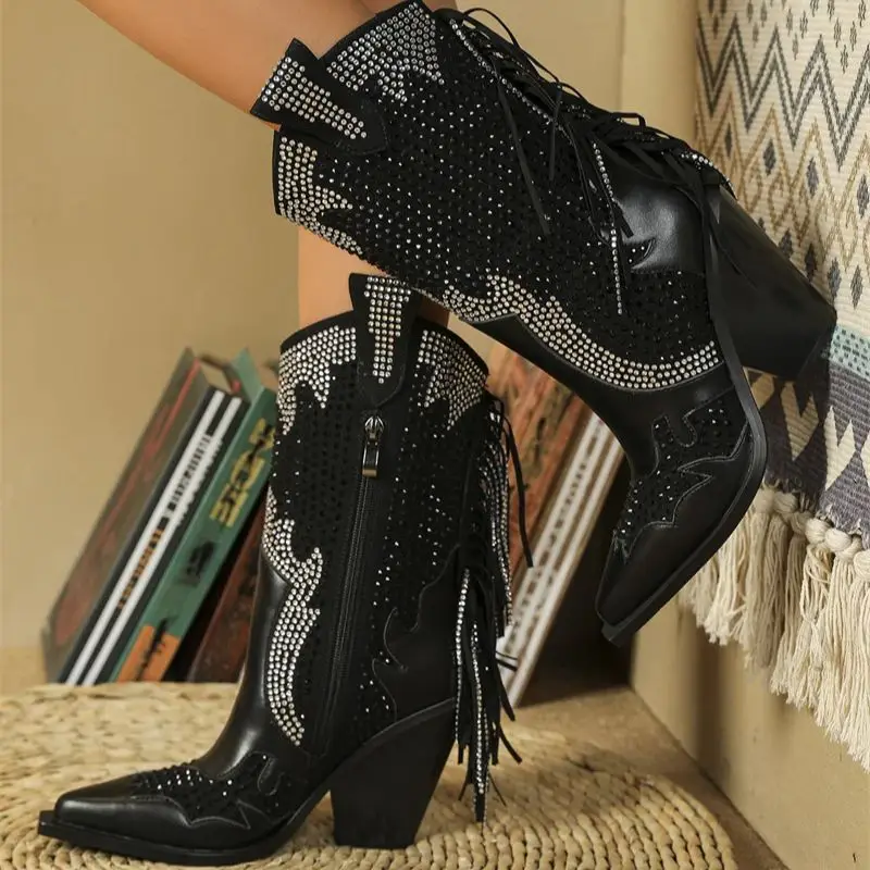 

IPPEUM New Style Retro Western Cowboy Boots Fringe Fashionable Thick Heel Shoes Black Rhinestone Sparkly Cowgirl Boots