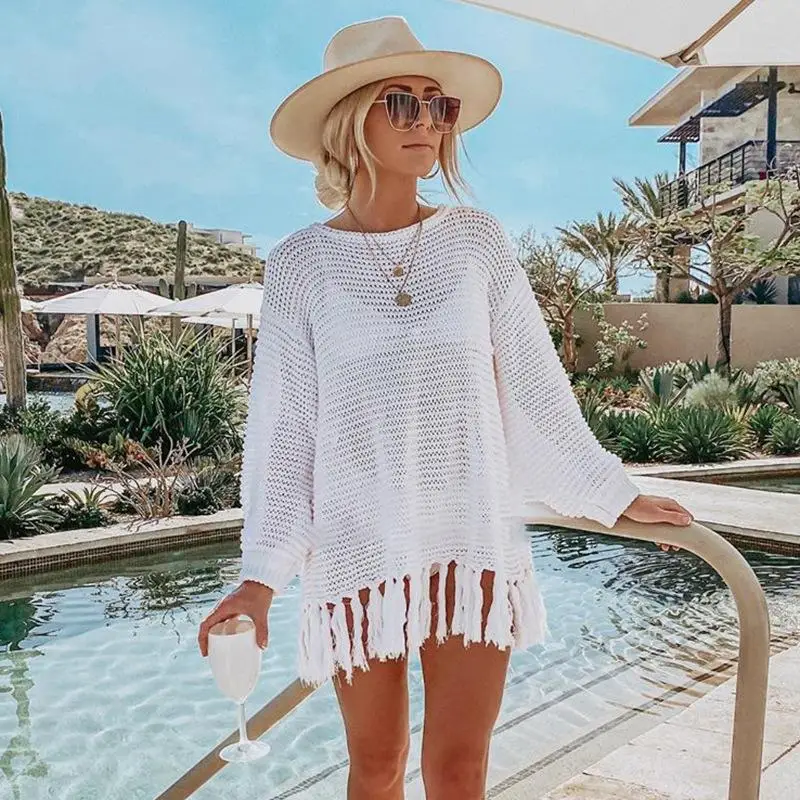 

Beach Coat Hollowed-out Knitted Fringed Blouse Lady Sand Beach Wear Holiday Bikini Jacket Swimsuit Seaside Sunscreen Women