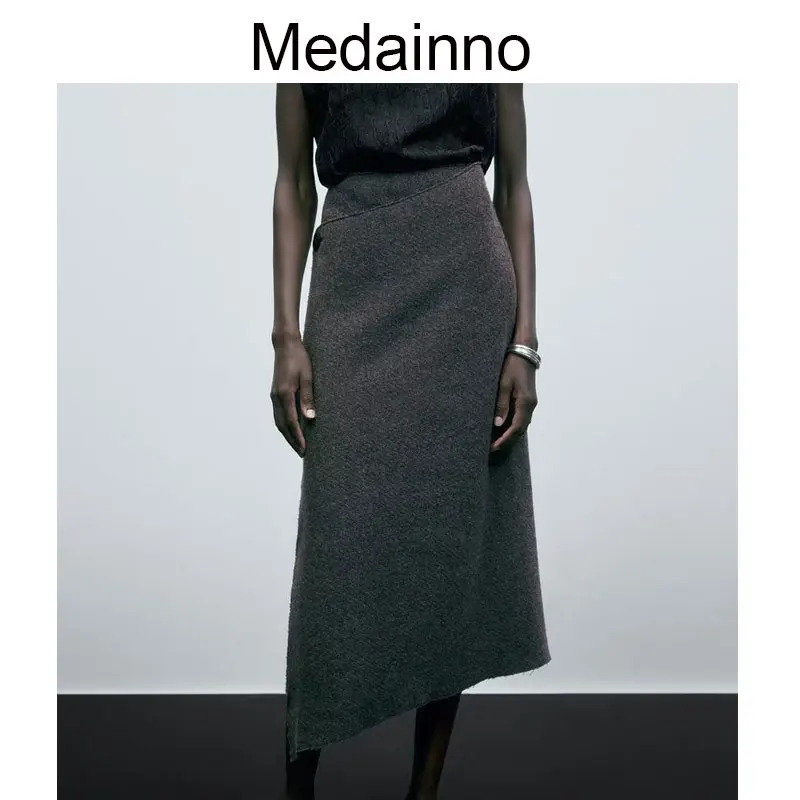 

Medainno 2022 Autumn Winter New Fashion Women High Waist Tweed One-piece Midi Skirt Casual Solid Simple Bottoms Female Chic