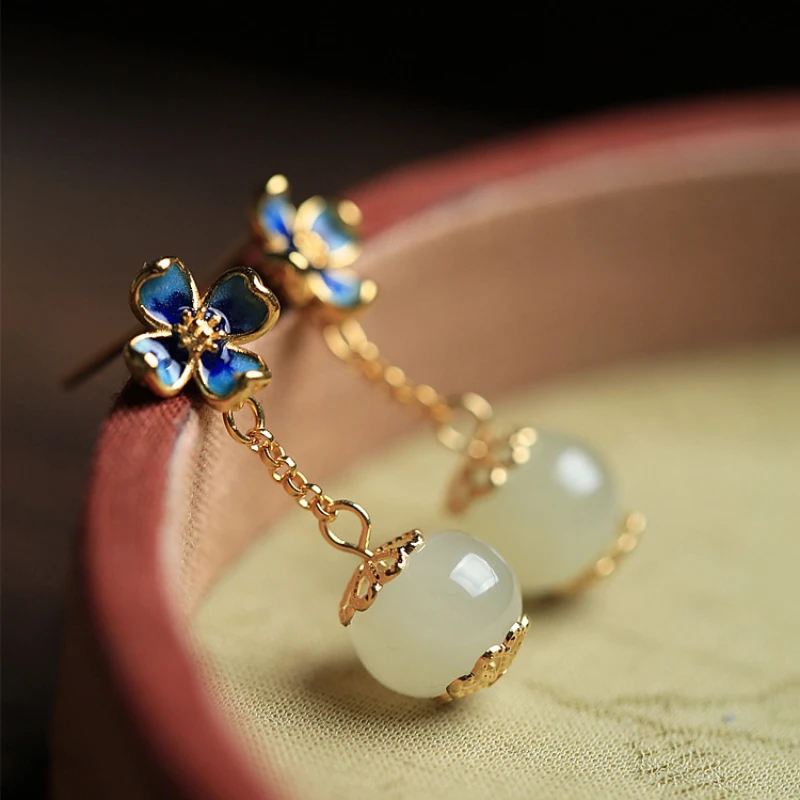 Natural Hotan Jade enamel flowers earrings for women high-level Luxury and exquisite long chain Eardrop wedding jewelry
Natural Hotan Jade enamel flowers earrings for women high-level Luxury and exquisite long chain Eardrop wedding jewelry