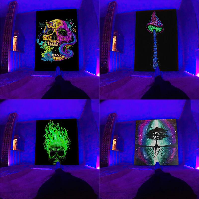 

Black light Tapestry UV Reactive Psychedelic Skull mushroom Wall Hanging Hippie Tapestry for Bedroom Dorm Indie Room Decor