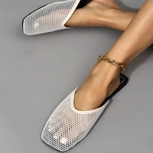 New Womens Slippers Fashion Mesh Flat Bottom Square Toe Flip Flops Hollow Casual Simple Solid Sandals Plus Size Chinelo Nuvem