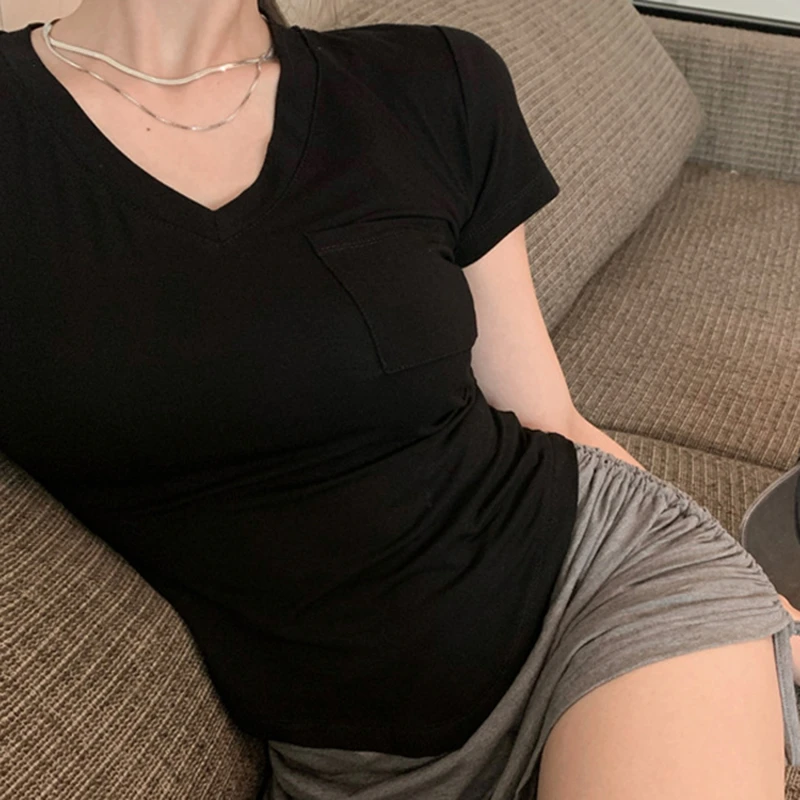 Modal Pocket Summer Short Sleeve Loose Women V-neck Pure Color Soft T-shirt Black/Gray/White With Pocket Sexy Bottoming Top
Modal Pocket Summer Short Sleeve Loose Women V-neck Pure Color Soft T-shirt Black/Gray/White With Pocket Sexy Bottoming Top