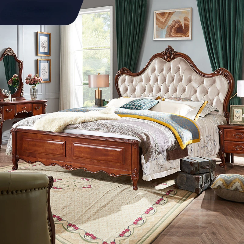 American 1.8m solid wood bed Master bedroom leather king bed carved flat end bed with high box drawer style bed
American 1.8m solid wood bed Master bedroom leather king bed carved flat end bed with high box drawer style bed