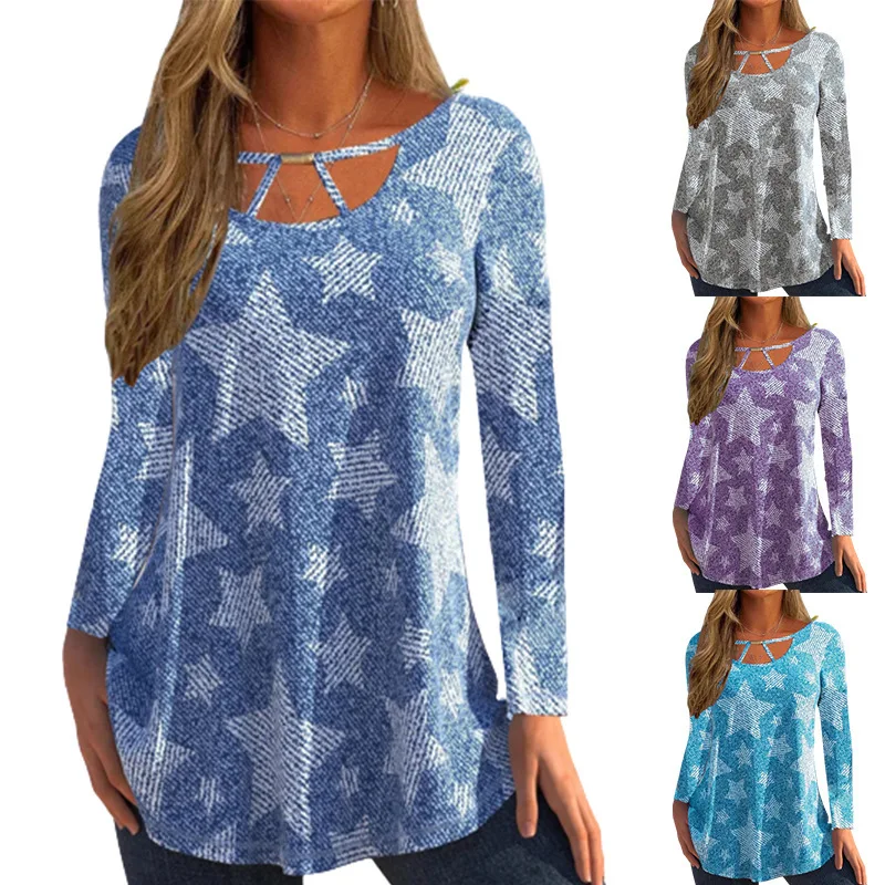 Autumn Winter Women Five-pointed Star Digital Printing O Neck Long-sleeved T-shirt Women's Top Casual New Tee Shirt Blue 2022
Autumn Winter Women Five-pointed Star Digital Printing O Neck Long-sleeved T-shirt Women's Top Casual New Tee Shirt Blue 2022