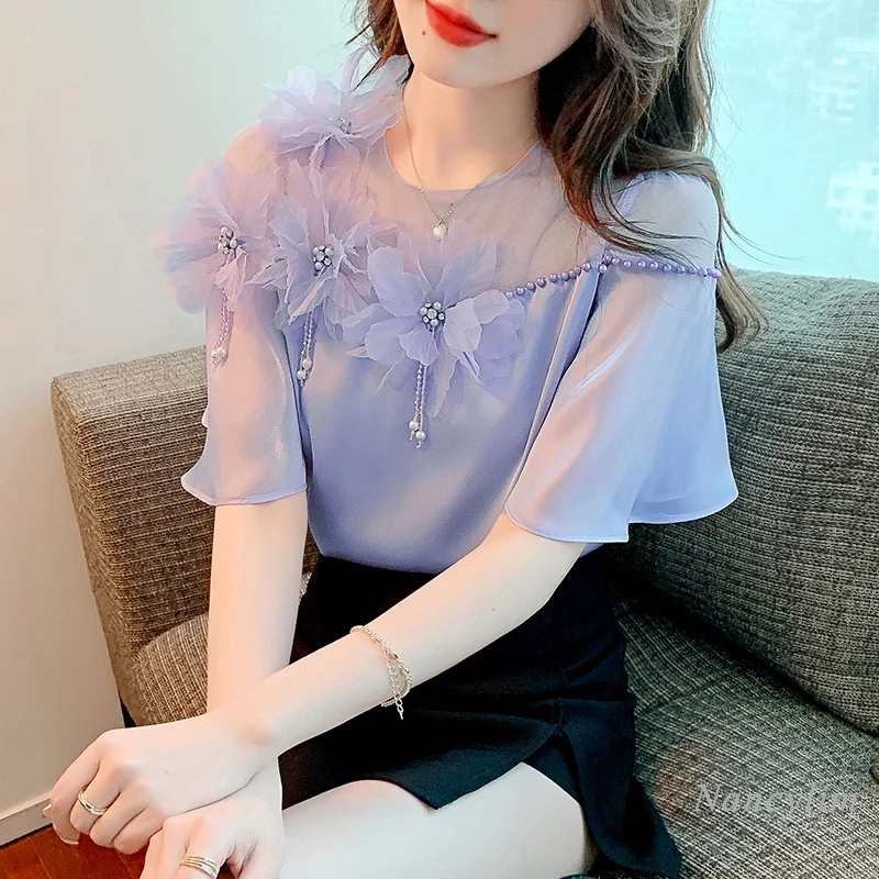 2022 Summer Three-Dimensional Beaded Flower Satin Shirt Women Chic Short Sleeve Top Sweet Blouses Purple Pink
2022 Summer Three-Dimensional Beaded Flower Satin Shirt Women Chic Short Sleeve Top Sweet Blouses Purple Pink