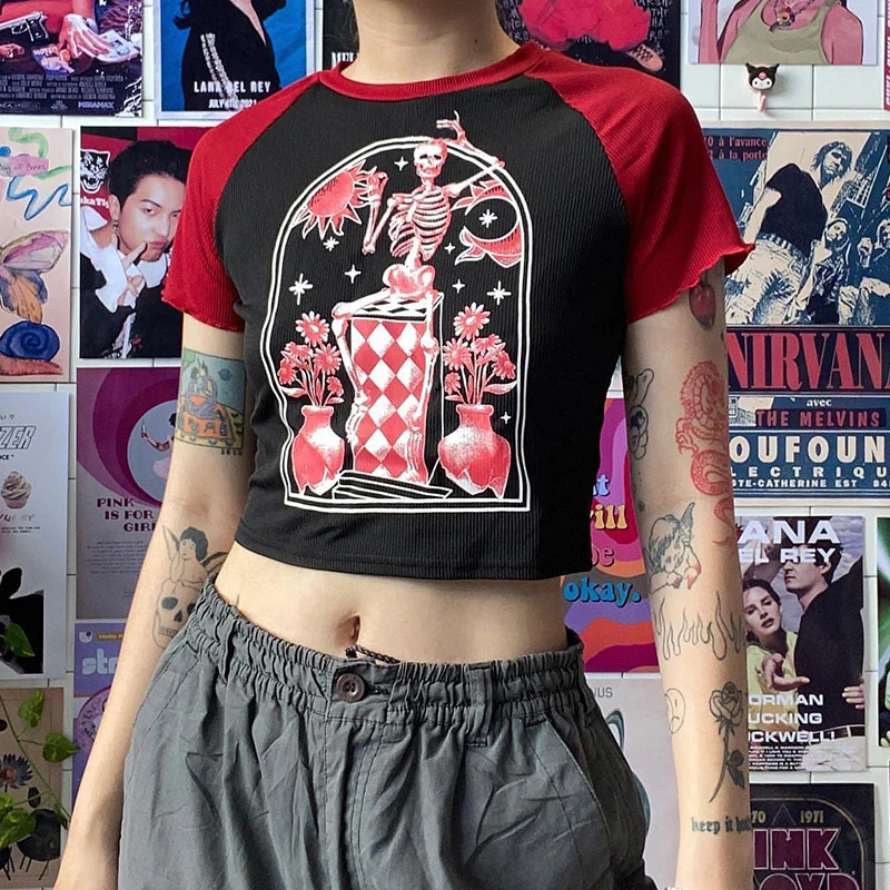 Summer Fashion Slim Gothic Print Skull Contrast Color Short Sleeve Tee Shirt Casual Short Skinny T-Shirts Women Girl Crop Top
Summer Fashion Slim Gothic Print Skull Contrast Color Short Sleeve Tee Shirt Casual Short Skinny T-Shirts Women Girl Crop Top
