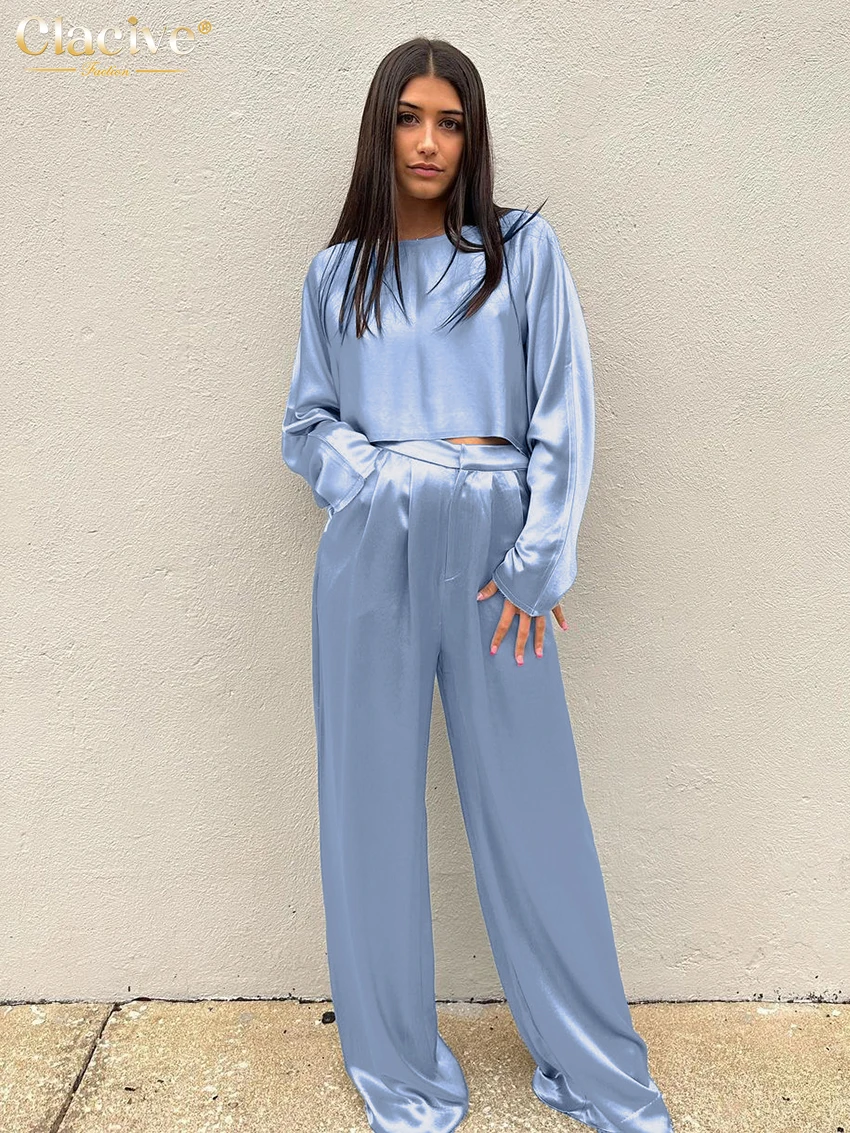 

Clacive Повседневный свободный синий атласный комплект из 2 предметов, женская одежда 2024, Модный Топ с длинным рукавом и широкие брюки с высокой талией, уличная одежда