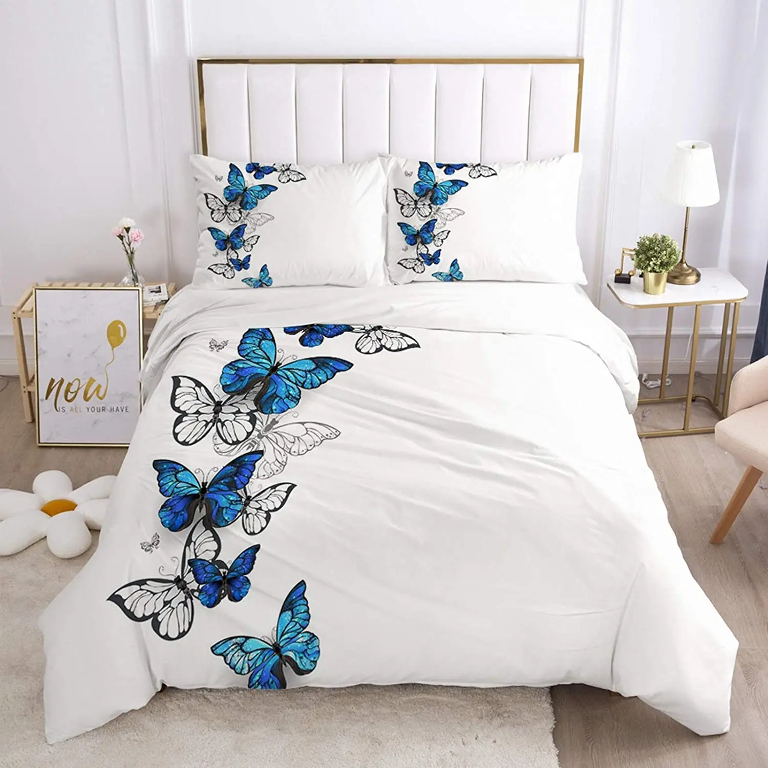 

Kelli Kelly Butterfly Duvet Cover Queen Size for Girls,3 PCS Blue Butterflies Bedding Sets Soft Microfiber White Comforter