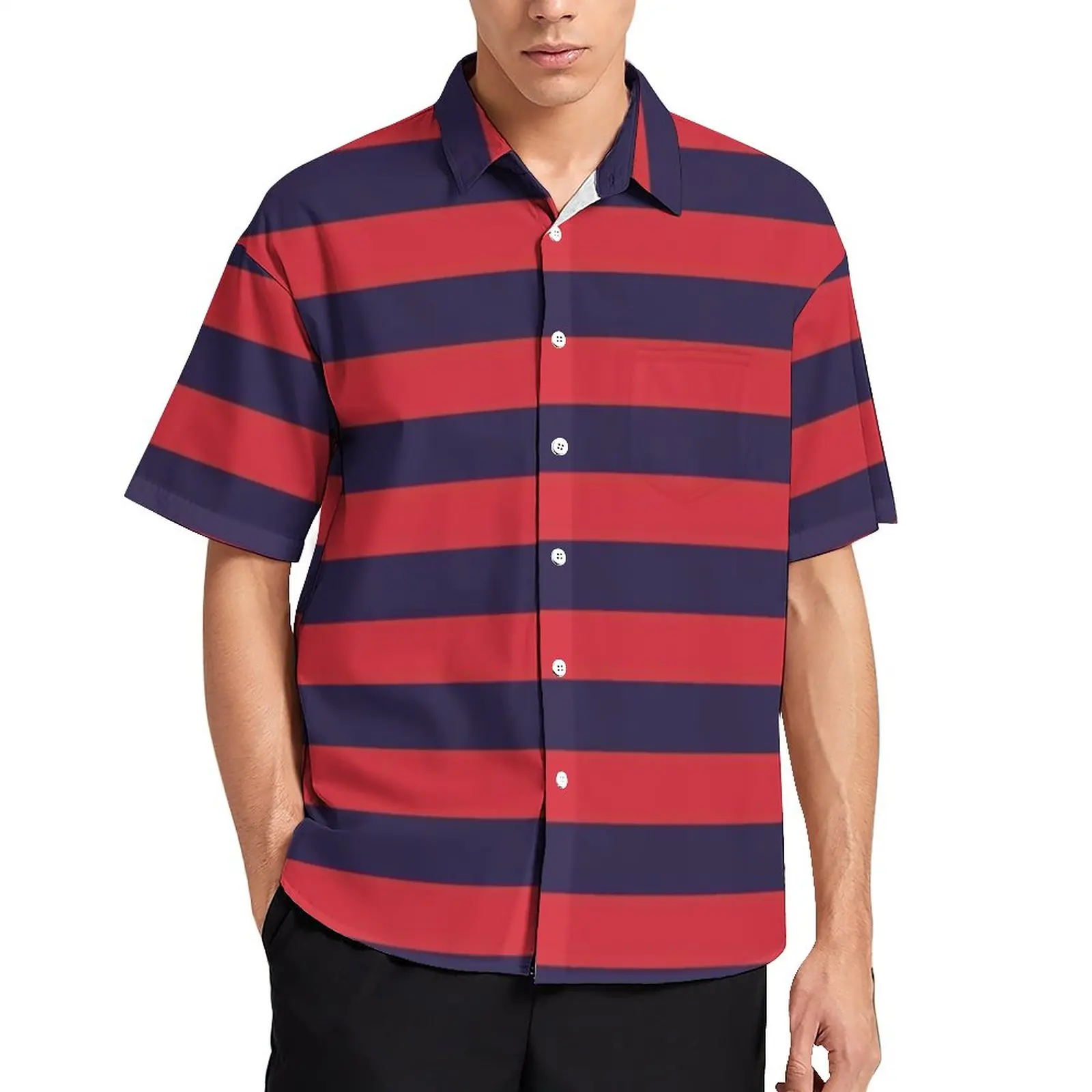

Horizontal Striped Casual Shirts Navy Blue Stripes Print Summer Shirt Short Sleeve Trending Blouses Mens Plus Size