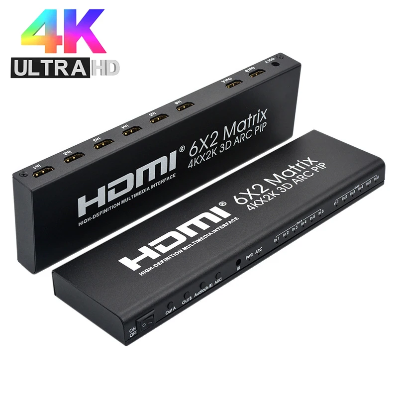 

6X2 HDMI Matrix 4K@30hz True Martrix HDMI Switch Box Support PIP Splitter 6 In 2 Out 4K 3D ARC Audio Video Converter Two Display