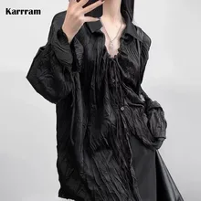 Karrram Yamamoto Style Black Shirt Gothic Dark Aesthetic Blouse Irregular Emo Designer Clothes Alt Grunge Clothing Bandage Y2k