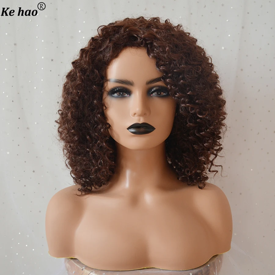

Good Quality Natural Brown Synthetic Cosplay Lolita Woman Wigs Short Hair Afro Kinky Curly Wig With Bangs For Black Women