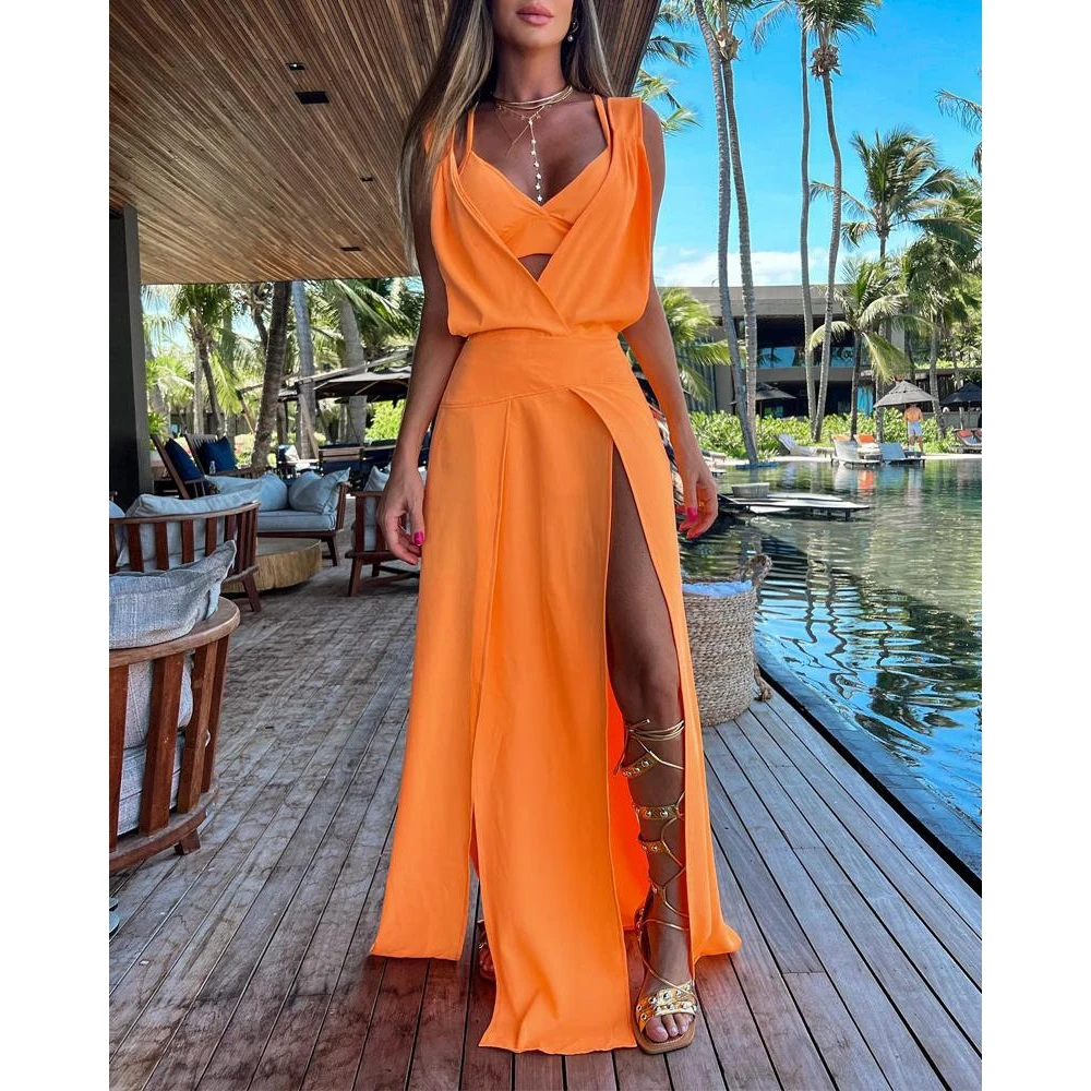 

Summer Women Sleeveless Plunge High Slit Maxi Sexy Dress With Bra Top 2023 Casual Femme Robe Casual Lady Dress Clothing traf
