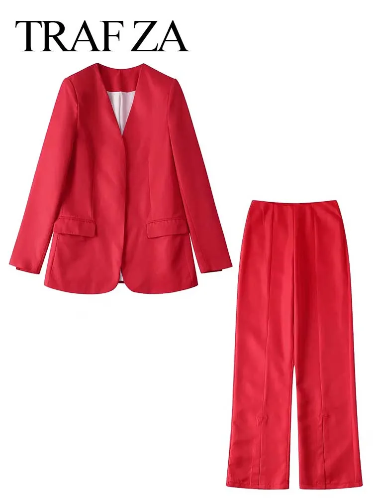 

Универсальный однобортный Блейзер TRAF ZA, жилет, брюки-клеш с разрезом, очаровательный красный Модный женский официальный костюм