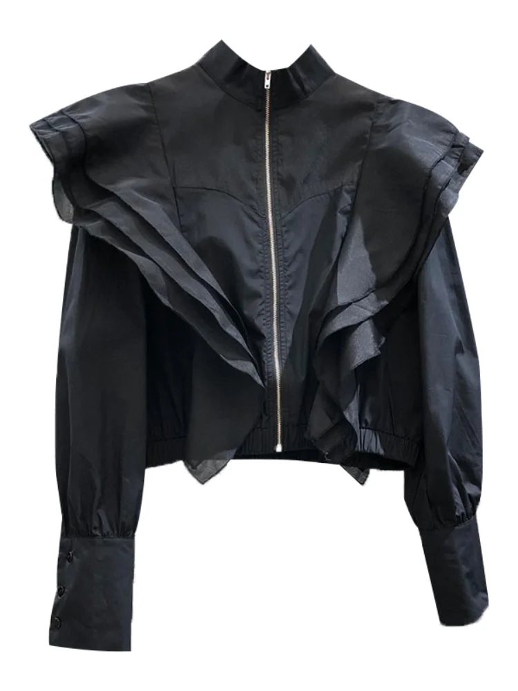 2023 Spring Stand Up layered Ruffle Edge Long Sleeve Short Coat Women's Panel Mesh Design Feel Zipper Coat
2023 Spring Stand Up layered Ruffle Edge Long Sleeve Short Coat Women's Panel Mesh Design Feel Zipper Coat