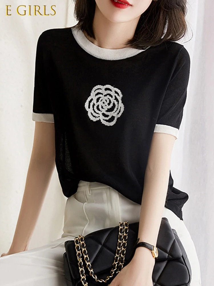 Ice Silk Thin Cool Knitted Women T-Shirt Summer Contrast Color Camellia Beading Short Sleeve Female Pullover Elegant Tops 2022
Ice Silk Thin Cool Knitted Women T-Shirt Summer Contrast Color Camellia Beading Short Sleeve Female Pullover Elegant Tops 2022
