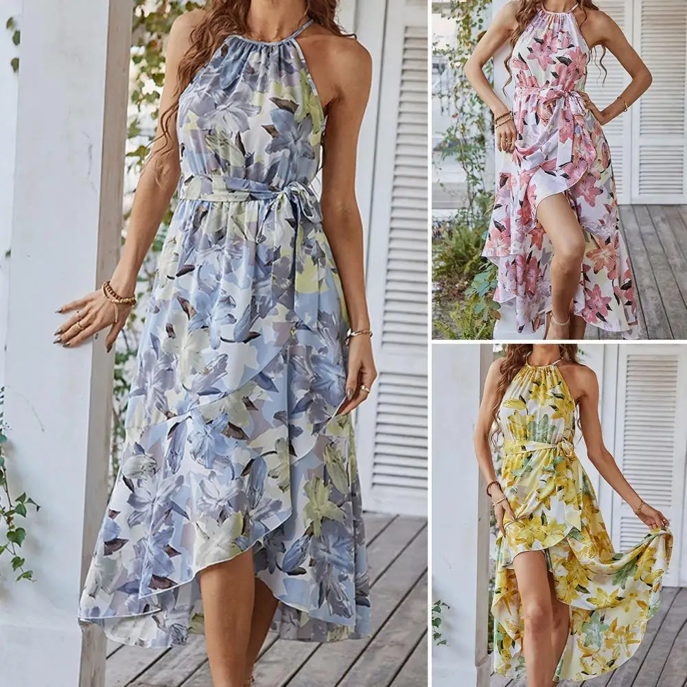 

Lady Dress Sleeveless Halter Neck Slinky Women's Boho Split Ruffle Floral Print Dress for Club Party