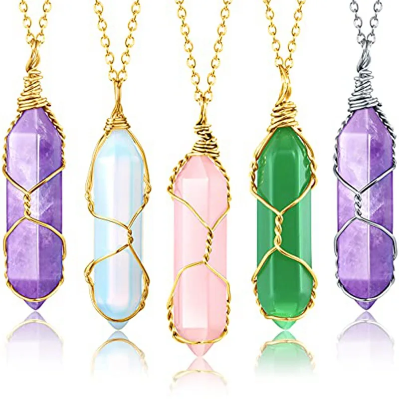 

Fashion handmade Wrapped Wire Amethyst Double-pointed Hexagonal Column Pendant Natural Rough Stone Necklace Reiki Jewelry