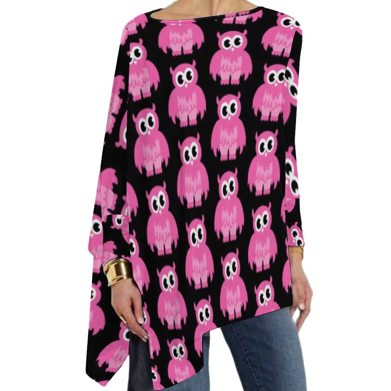 

Funny Pink Owl T-Shirts Cartoon Animal Korean Fashion Long Sleeve T Shirt Pretty Design Tee Shirt Womens Tops Big Size 5XL 6XL