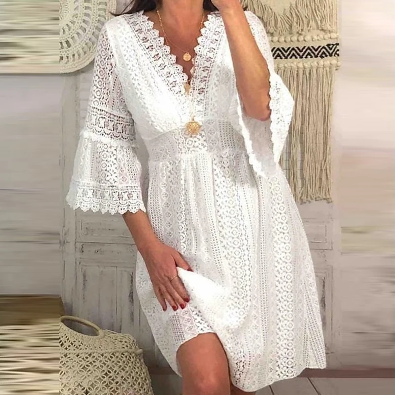 2023 New Summer V Neck Embroidery Lace Dress Women Sexy Solid Hollow Office Mini Dress Summer 3/4 Flared Sleeve Lady Party Dress
2023 New Summer V Neck Embroidery Lace Dress Women Sexy Solid Hollow Office Mini Dress Summer 3/4 Flared Sleeve Lady Party Dress