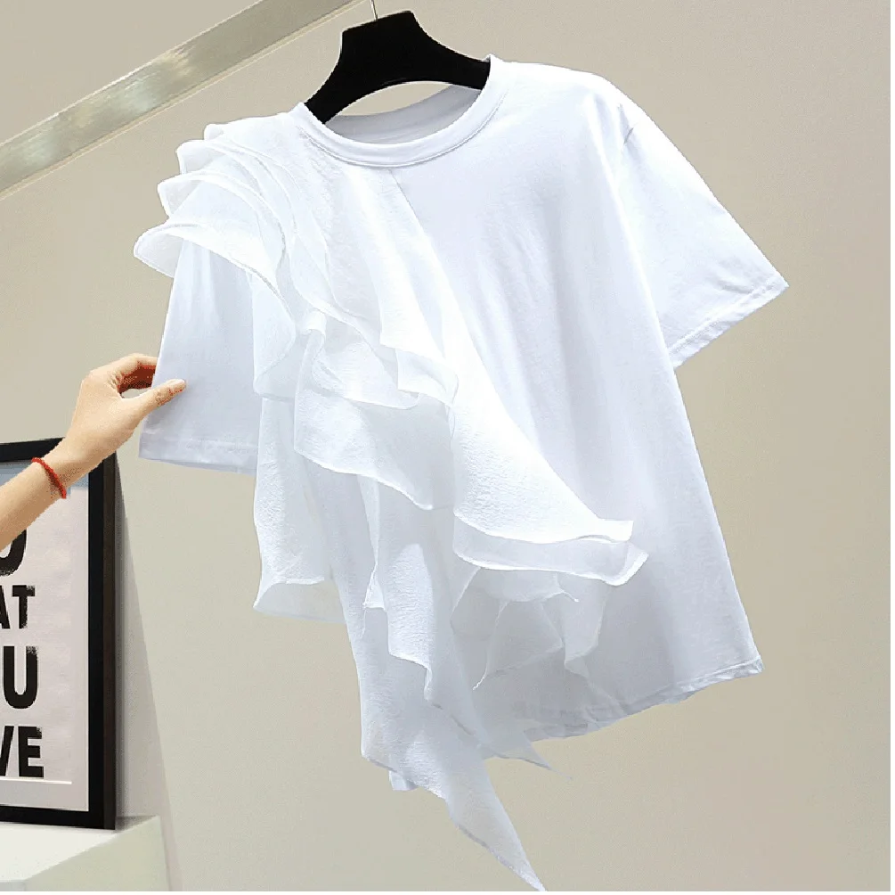 Women's Ruffle Stitching Short-sleeved Cotton T-shirt Round Neck Loose Pullover Ladies Leisure T-shirt Office Lady Top Summer
Women's Ruffle Stitching Short-sleeved Cotton T-shirt Round Neck Loose Pullover Ladies Leisure T-shirt Office Lady Top Summer
