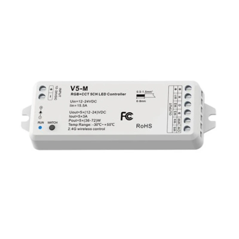 RGBCCT LED Controller 12-24V 5CH PWM RF Wireless Remote Smart Wifi RGB WW Controller For 5050 RGB RGBCCT LED Strip V5-M
RGBCCT LED Controller 12-24V 5CH PWM RF Wireless Remote Smart Wifi RGB WW Controller For 5050 RGB RGBCCT LED Strip V5-M