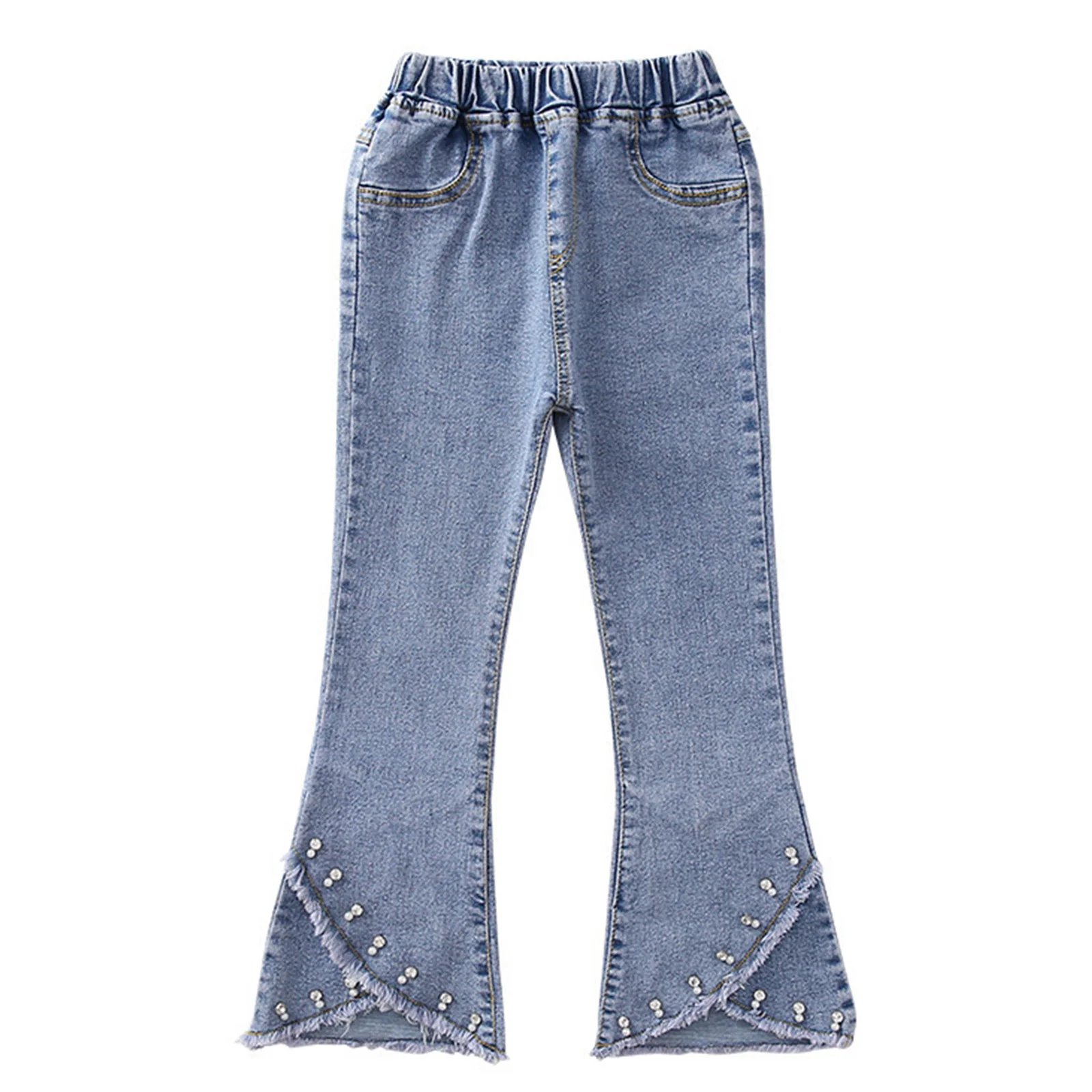 

Kids Girls Jeans Fashion Children Clothing Elastic Waist Faux Diamonds Pearls Adorned Flared Denim Pants Bell Bottoms Trousers
