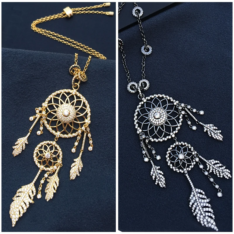 

Amoo Golden Black Feather Dream Catcher S925 Sterling Silver Necklace Women Tassel Glamour Collarbone Sweater Chain Jewelry Gift