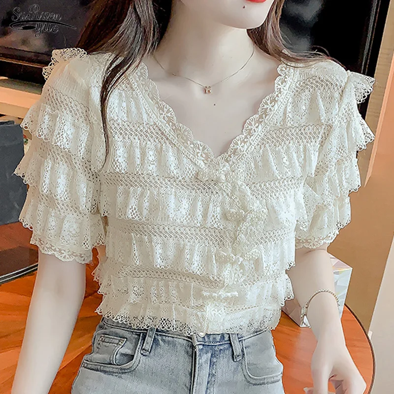 Korean Style V-neck Pleated Top Fashion New Ruffle Stitching Elegant Lace Blouse Short Sleeve Loose Chiffon Shirts Blusas 20049
Korean Style V-neck Pleated Top Fashion New Ruffle Stitching Elegant Lace Blouse Short Sleeve Loose Chiffon Shirts Blusas 20049