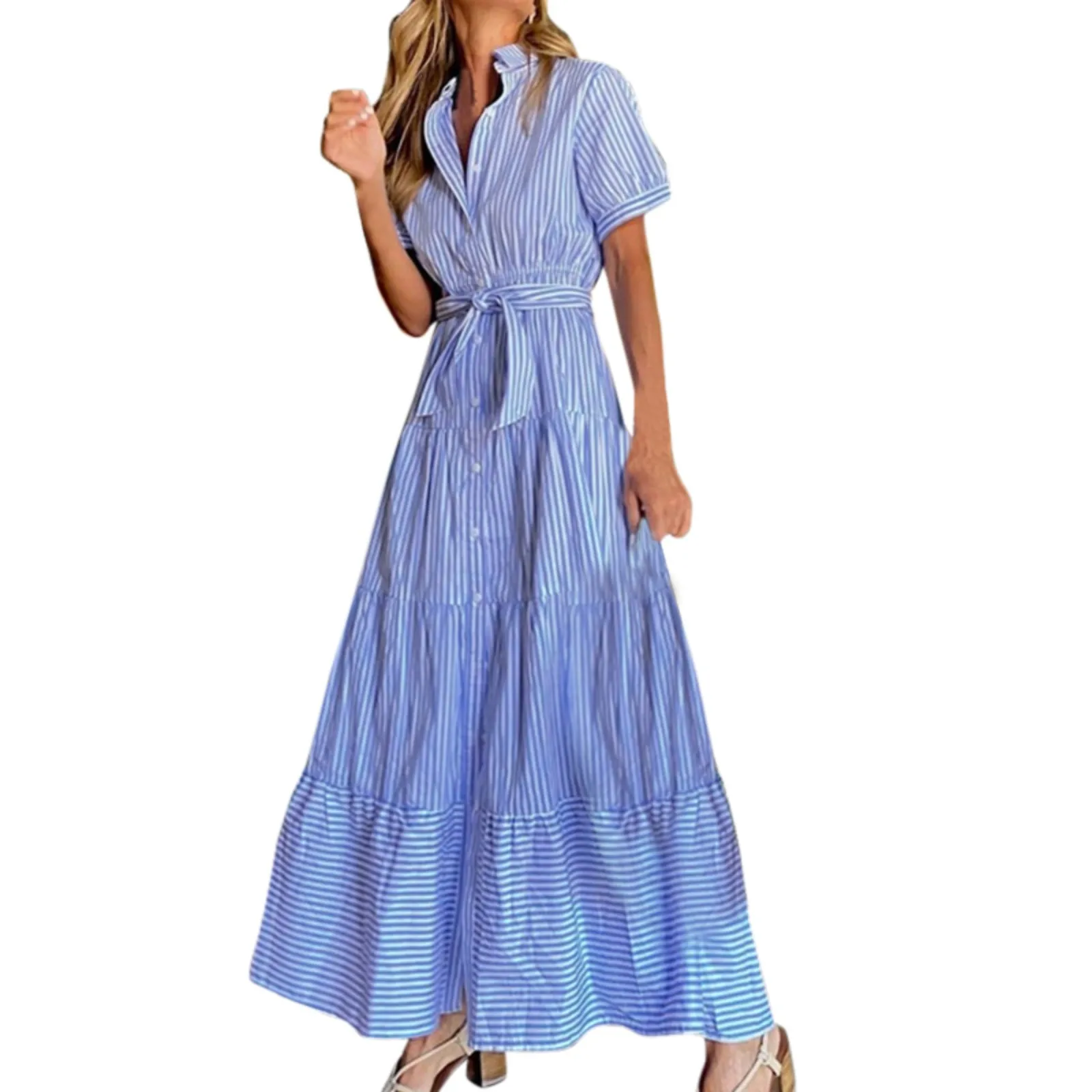 Women Dress Stripe Print Turn Down Collar Short Sleeve High Rise Maxi Dress Short Summer Dresses Casual Fall Dress
Women Dress Stripe Print Turn Down Collar Short Sleeve High Rise Maxi Dress Short Summer Dresses Casual Fall Dress
