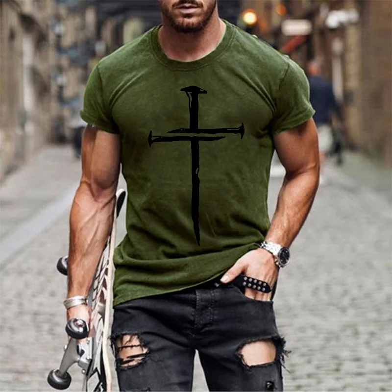 Men's Fashion Summer T-shirt Casual Shirt Sword Cross Print Personality Short-sleeved T-shirt 
Men's Fashion Summer T-shirt Casual Shirt Sword Cross Print Personality Short-sleeved T-shirt