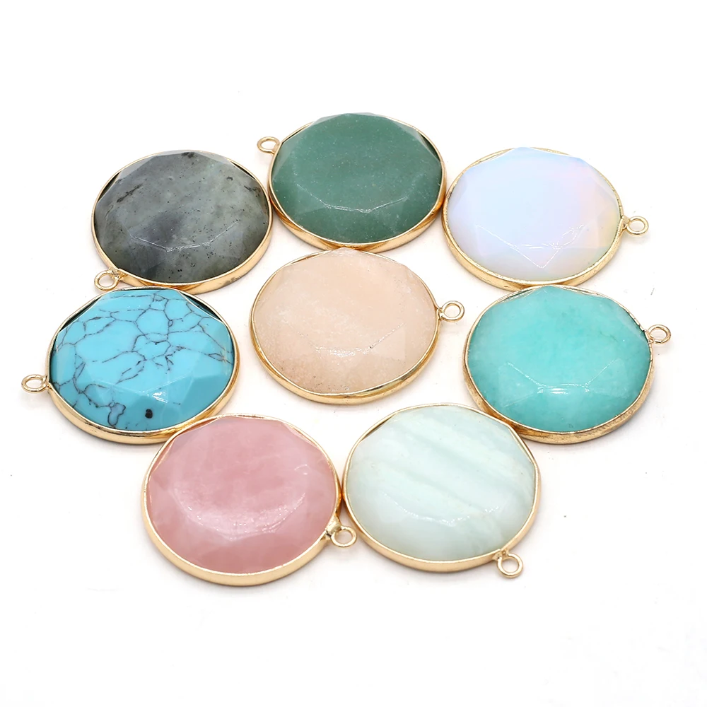 

Natural Faceted Round Shape Stone Pendants Healing Turquoise Quartz Agate Accessories Jewelry Making Necklace Bracelet