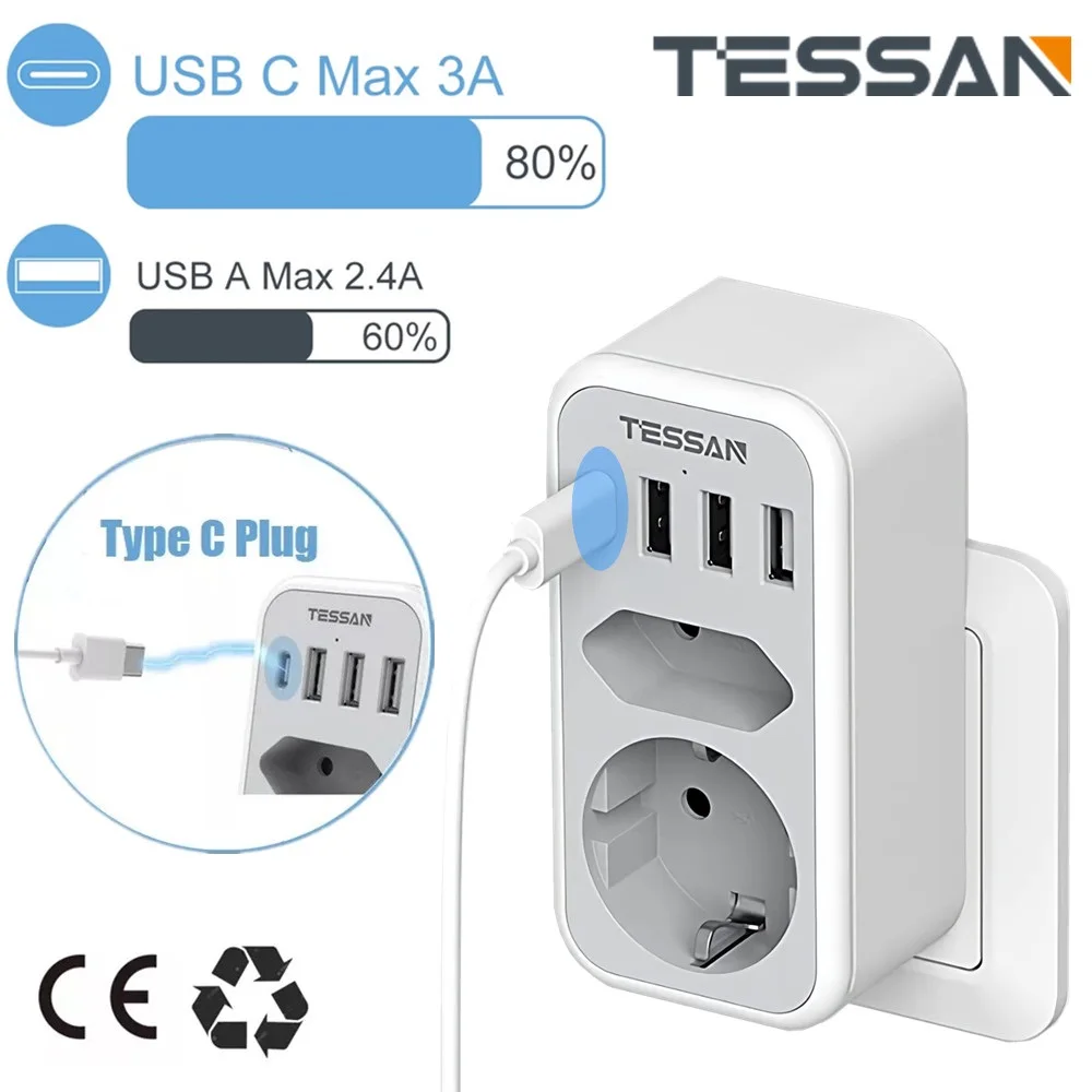 TESSAN Vertical Wall Socket Power Adapter with 2 Outlets, 3 USB A Ports and 1 Type C Plug, 6 in 1 Multiple Plug Adapter for Home
TESSAN Vertical Wall Socket Power Adapter with 2 Outlets, 3 USB A Ports and 1 Type C Plug, 6 in 1 Multiple Plug Adapter for Home