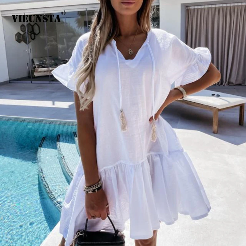 Vestido Street Style Summer Fashion Casual Solid Color Loose Dress Women's Elegant V-Neck Flared Sleeves Pleated Ruffle Dresses
Vestido Street Style Summer Fashion Casual Solid Color Loose Dress Women's Elegant V-Neck Flared Sleeves Pleated Ruffle Dresses